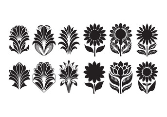 Black Floral Silhouette Icons with Sunflowers, Decorative Flowers, and Leaves Vector Set