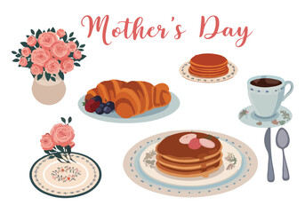 Mothers Day Breakfast with Croissant, Pancakes, Coffee, Flowers, and Heart Decoration