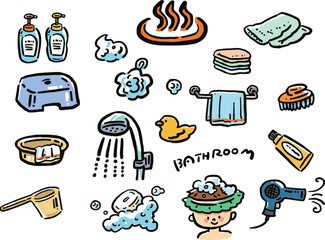 お風呂用品の手描き風イラストセット © Tsubasa