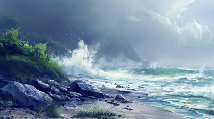 Waves crashing on a rocky beach, with mist rising from the surf 