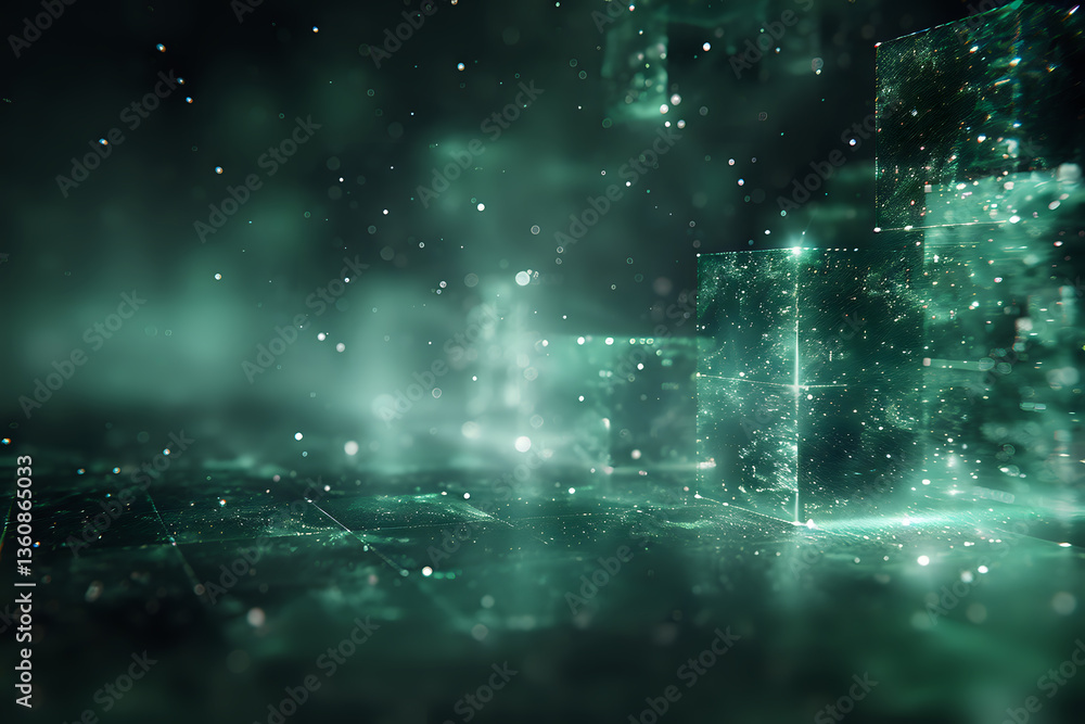 Poster ethereal emerald green abstract background with glowing particles and light effects creating mysteri