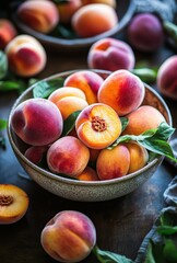 Freshly Harvested Peaches in a Rustic Bowl Surrounded by Green Leaves on a Dark Wooden Surface for Delicious Summer Recipes