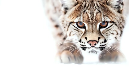 Obraz premium Close up portrait of wild lynx face with intense blue eyes and distinctive facial features against white background, dramatic wildlife photography.