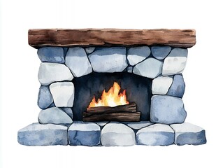 Watercolor Stone Fireplace With Cozy Fire