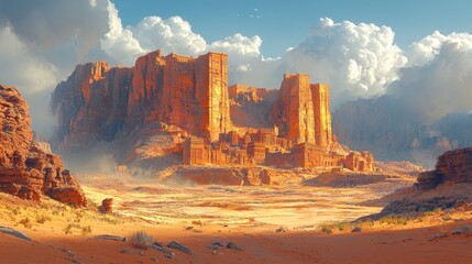 Ancient sandstone citadel in a desert landscape under a cloudy sky.
