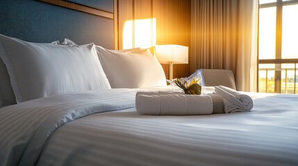 Elegant hotel room with crisp white linens, plush pillows, and a neatly arranged welcome package on the bed.