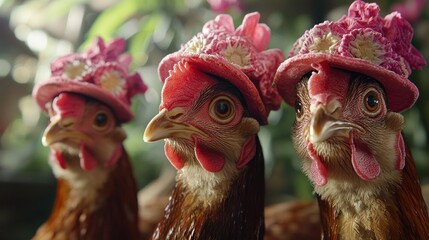 Fototapeta premium Chickens Wearing Pink Floral Hats in an Artistic Nature Setting