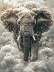 Powerful elephant emerging from a cloud of smoke