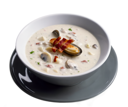 Rich and Creamy Clam Chowder, A Culinary Symphony of Flavors and Textures, Blending Fresh Clams, Tender Potatoes, Savory Bacon, and Aromatic Herbs in Every Spoonful