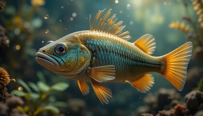 Obraz premium A captivating close-up of a stunning aquarium fish, showcasing intricate details of its scales, fins, and body.
