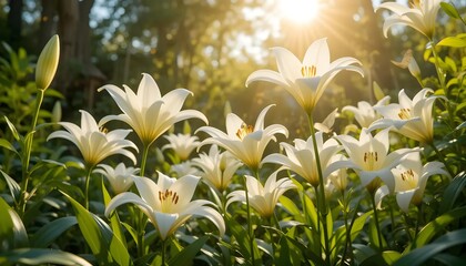 Obraz premium A vibrant outdoor scene showcasing a cluster of stunning white lilies in full bloom.