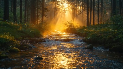 Obraz premium Sunbeams illuminate a misty forest stream at sunrise.