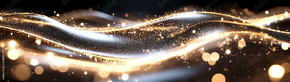 Poster glowing golden waves with sparkling light particles and bokeh effects flowing on dark background cre