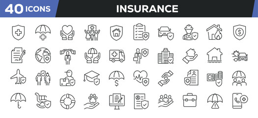 Insurance icons set. Web line icons collection related protection, assurance, risk, care, health. Editable stroke. Perfect pixel vector illustration isolated on white background.