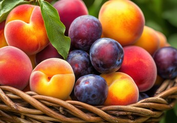 Freshly Harvested Stone Fruits in a Rustic Woven Basket Surrounded by Greenery Perfect for Summer Seasonal Recipes and Healthy Eating Concepts
