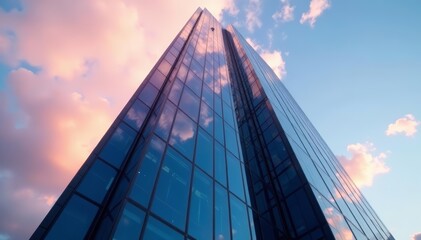 Naklejka premium Abstract skyscraper exterior in evening light with angular lines, glass facade, low angle view