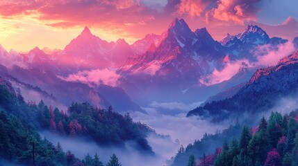 Majestic sunrise over snow-capped mountains and misty valley.