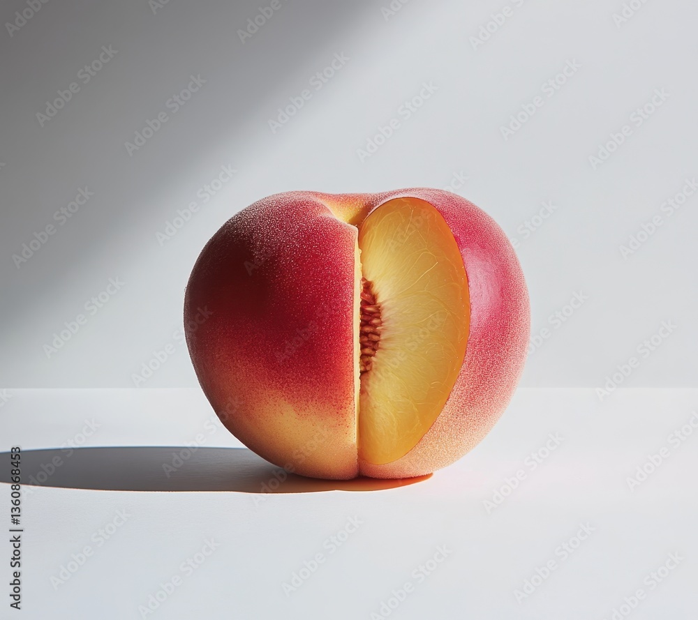 Poster freshly sliced juicy peach on light background with natural shadow and soft highlights, showcasing i