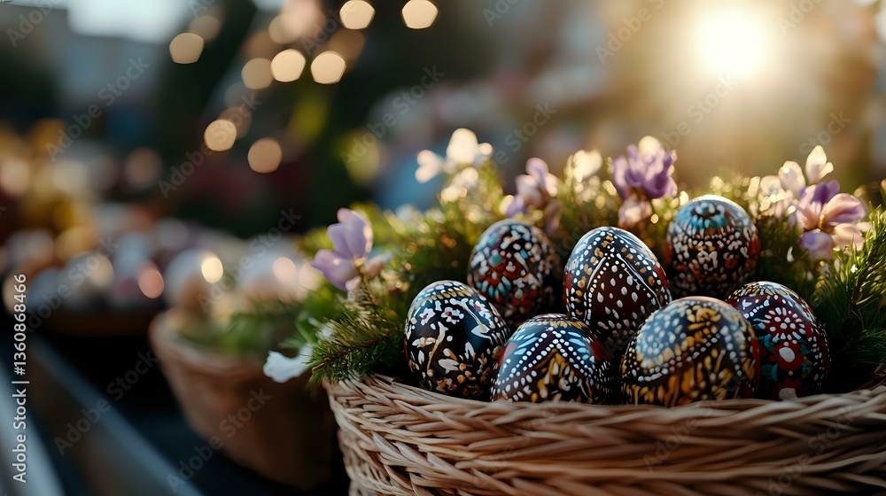 Poster decorated easter eggs with intricate folk patterns in wicker basket surrounded by spring flowers and