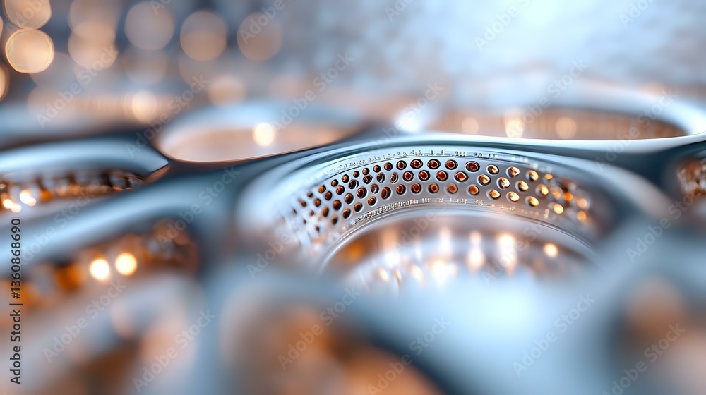 Poster metallic mesh surface with soft bokeh lights creating abstract industrial pattern in silver and copp