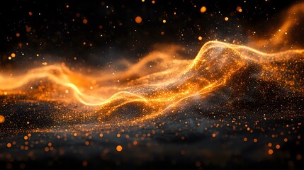 Abstract golden light wave with glowing particles and bokeh effect on dark background, flowing energy stream with magical sparkles and dust.