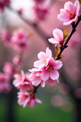 Obraz premium Blooming cherry tree branches with vibrant pink flowers in focus, Japanese, botanical