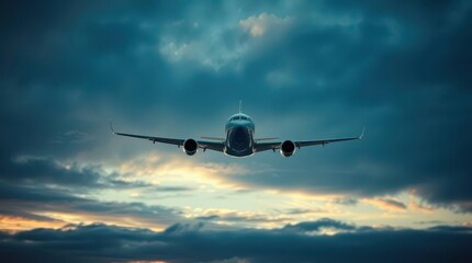 Obraz premium Airplane Flying Against a Dramatic Sky at Sunset