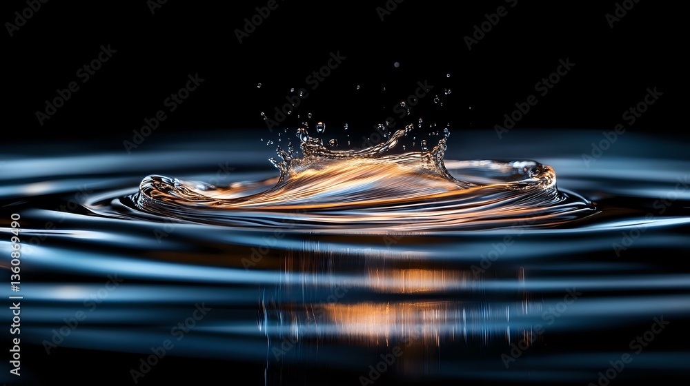 Poster dramatic water drop collision creating golden ripples and splash crown against dark background with 
