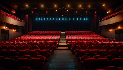 Theatrical interior with a stage and rows of comfortable seats
