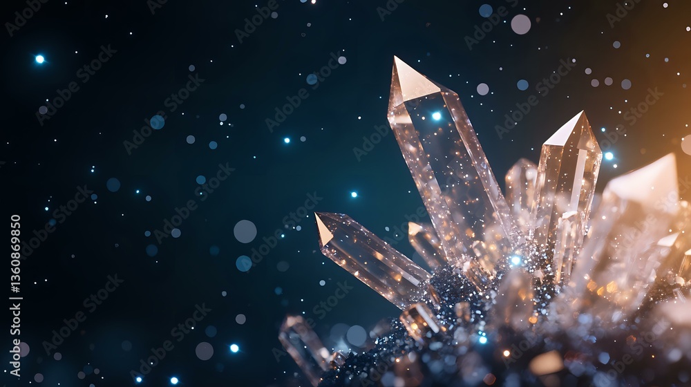 Poster magical glowing crystal clusters with sparkles against dark background. mystical quartz points with 