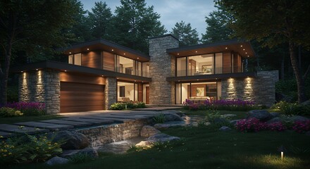 Obraz premium Modern Home Exterior with Waterfall and Lush Garden Landscape