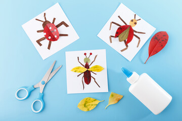 autumn nature craft for kids, insects made of dry leaf, top view, activity for children,