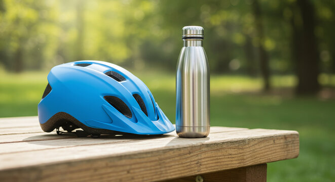 casco de bicicleta con un termo 