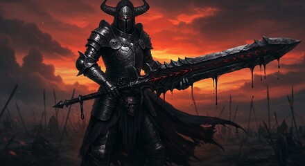 Dark Knight Standing with Sword Against a Dramatic Red Sky