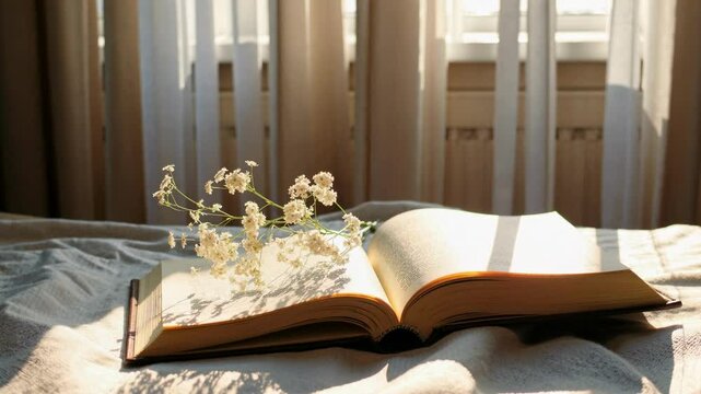 A serene video scene of an open book with delicate flowers, captured from a low angle, bathed in soft, natural light near a window.