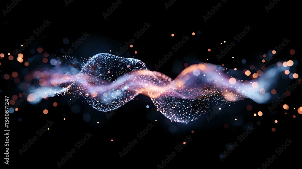 Poster magical glowing wave with sparkles and particles flowing in dark space, pink and blue colors with bo