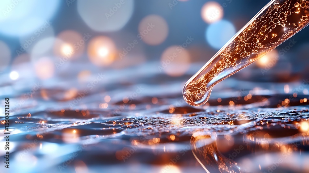 Poster macro shot of glass pipette dropping golden liquid onto reflective surface with bokeh lights and spa