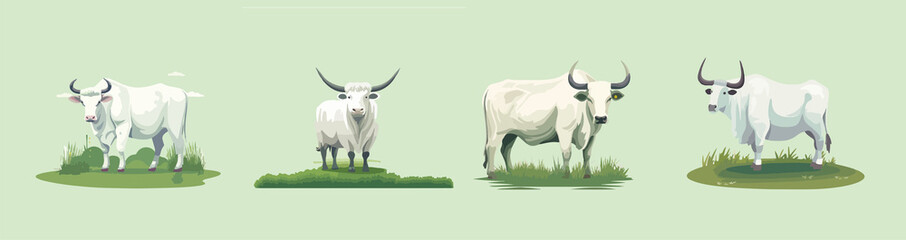 cute cow and ox stand in grass element vector set for book children