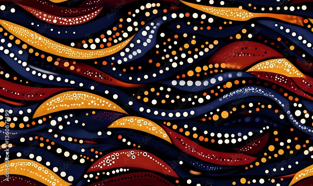 Poster Abstract wavy pattern with dots in navy blue, orange and burgundy colors creating dynamic flowing lines and movement. Seamless repeat design for fabric and wallpaper.