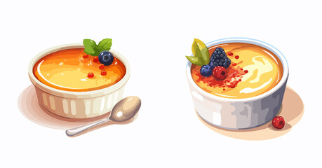 French dessert vector creme brulee for cafe bakery restaurant menu or logo and label Burned cream with caramel topping
