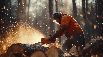 Male worker man cutting down trees with chainsaw. Deforestation. Ecology. Environment conservation topic.