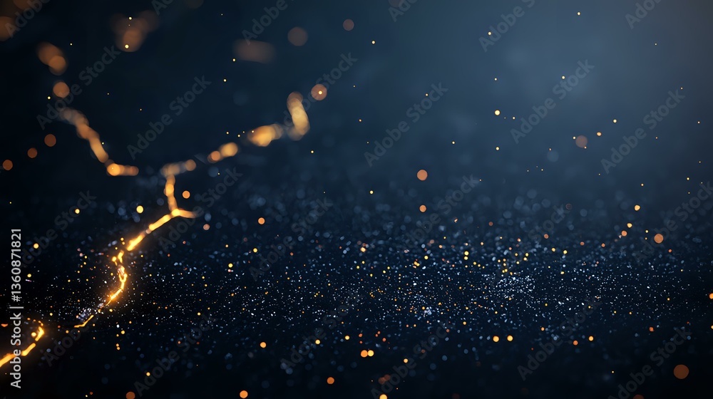 Poster glowing golden particles and light trails floating on dark blue background with bokeh effect and dep