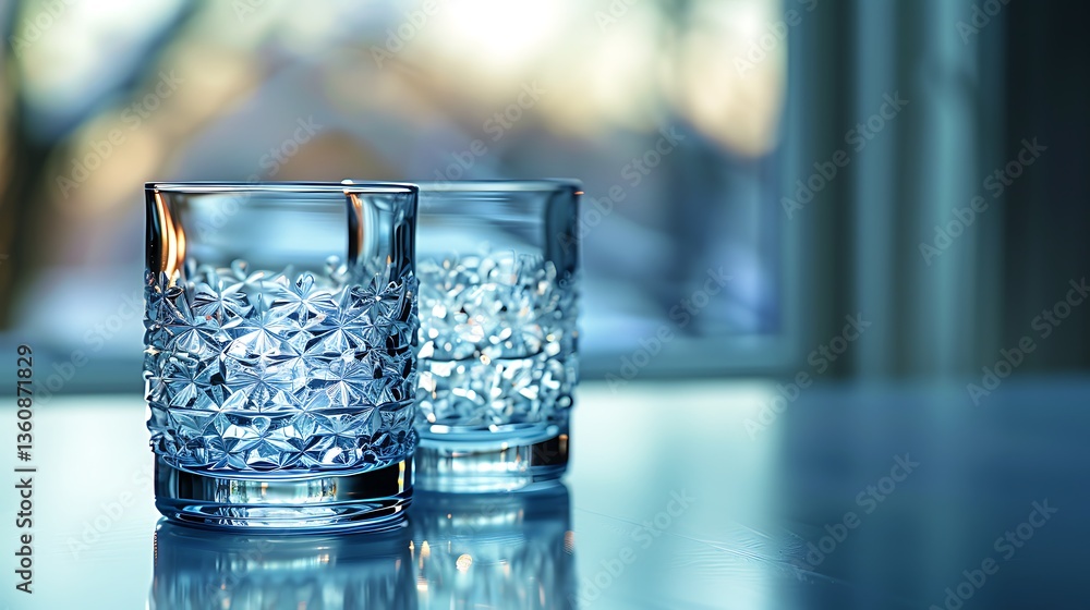 Aufkleber elegant pair of textured glassware capturing light and reflection, displaying sophistication and min