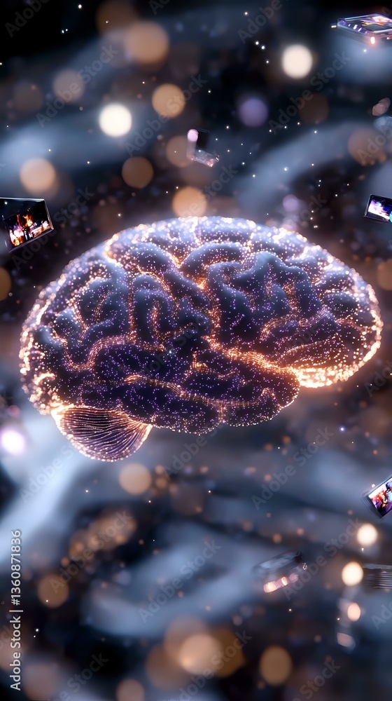 Aufkleber glowing digital brain with neural network connections floating in dark space with bokeh lights and p