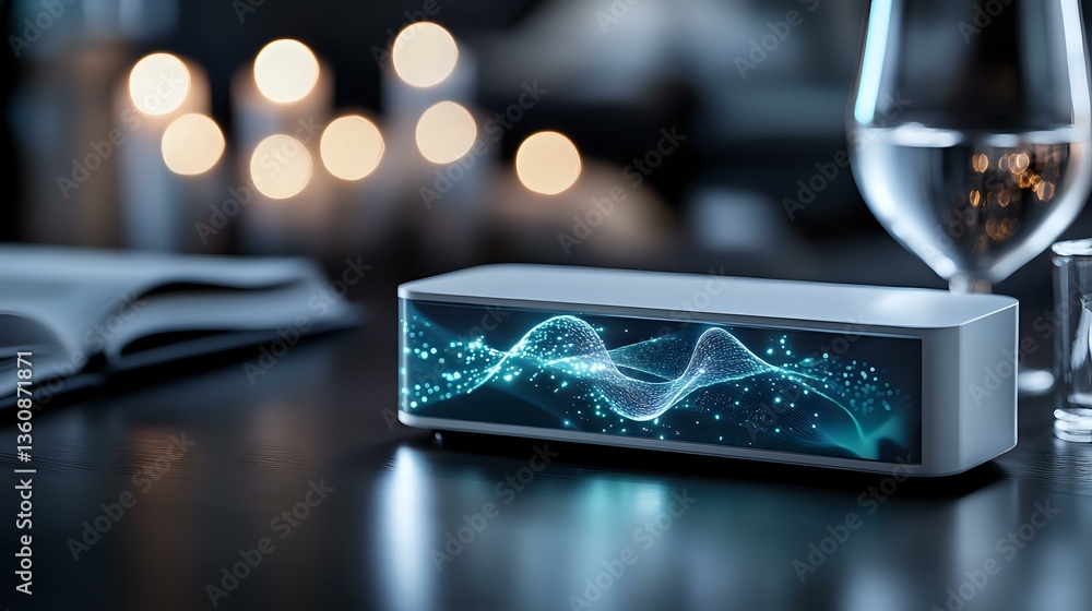 Poster glowing blue sound wave visualization on portable speaker with wine glass and book in dark ambient s