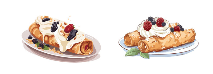 Wafer crispy tube Cannoli with filling Traditional Italian pastries vector