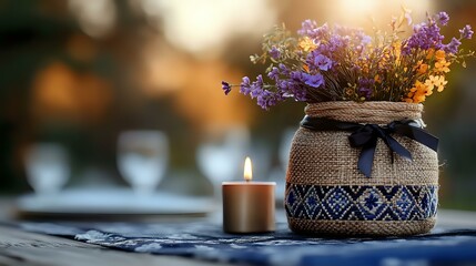 Rustic jar wrapped in burlap and decorated with ethnic pattern holds purple wildflowers next to glowing candle on blue tablecloth at sunset, creating cozy atmosphere.