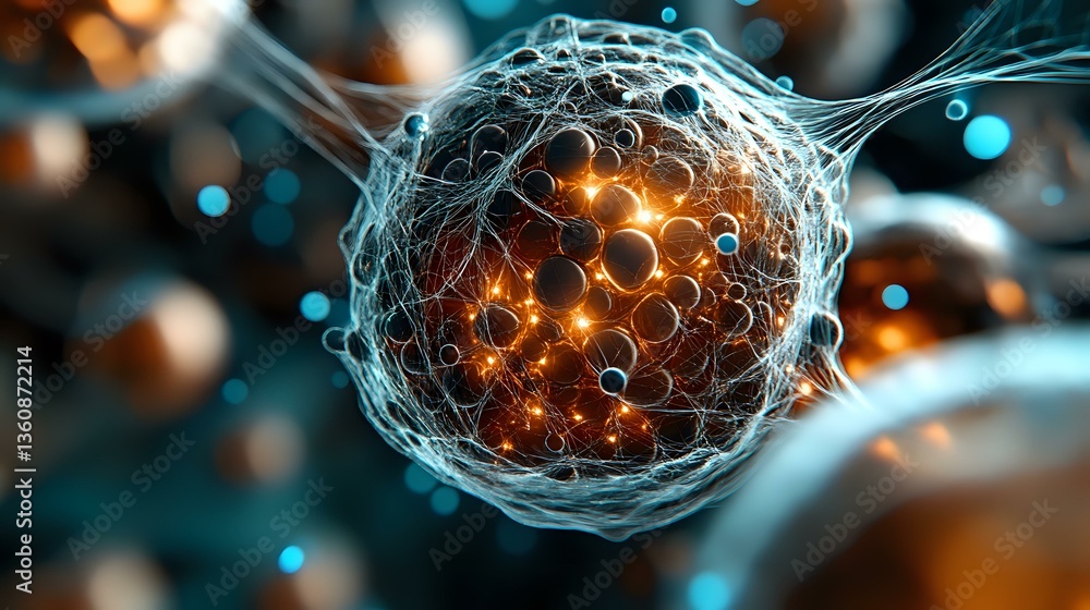 Poster glowing orange and blue cell structure with detailed membrane network showing internal molecular act