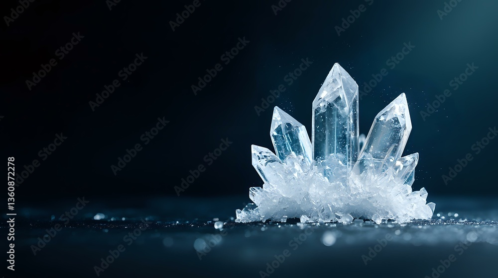 Poster luminous crystal cluster formation with transparent quartz points emerging from frost-covered base a