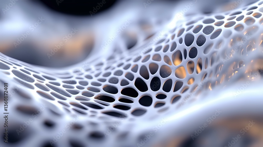 Poster futuristic abstract network structure with honeycomb pattern in white and gray tones, featuring orga